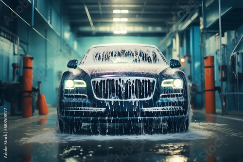 Generative AI Image of Black Car Washed with Foamy Soap Water at Car Wash Service photo