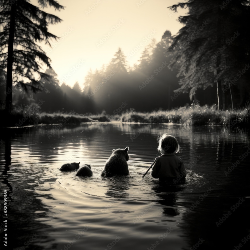 A black and white photo of two children in the water. Generative AI.