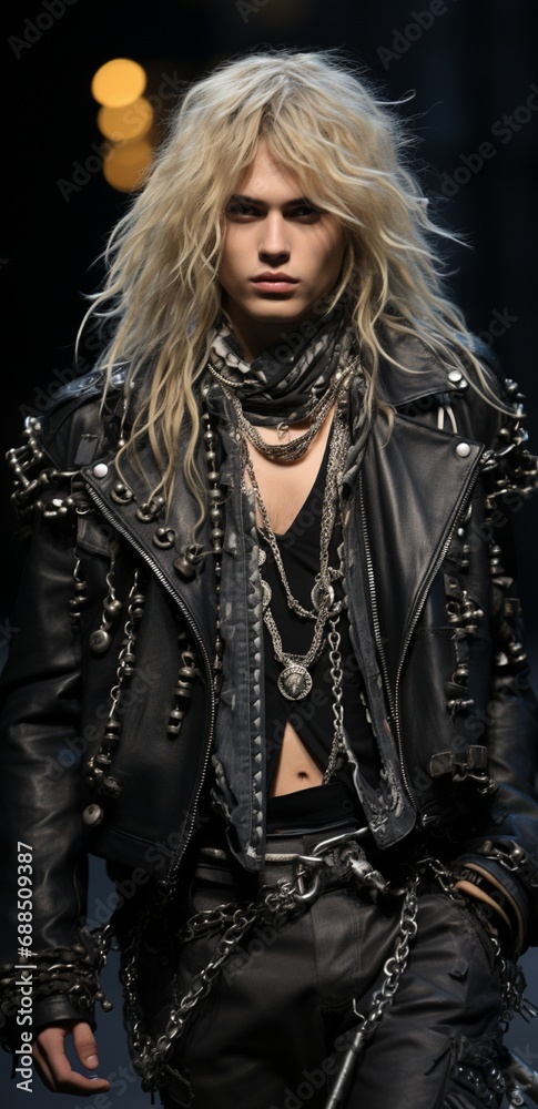 An edgy, rock-inspired look with a studded jacket and boots, standing out against a rugged, steel grey background