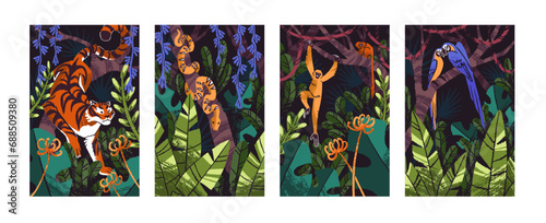 Jungle fauna poster set. Tropical animals in rainforest. Tiger walking in forest, monkey on tree. Amazon blue parrots macaw on branch. Python, exotic snake in wild nature. Flat vector illustration © Paper Trident