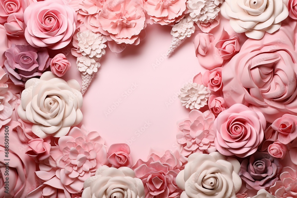 Top view photo of pink peony roses and sprinkles on isolated pastel pink background with empty space  ,AI Generate