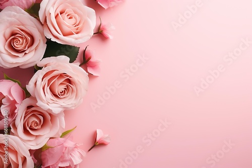 Top view photo of pink peony roses and sprinkles on isolated pastel pink background with empty space  ,AI Generate © miss[SIRI]