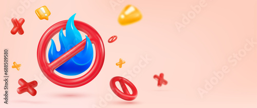 Gas sanction embargo pipeline. Prohibition gas energy. Embargo of natural energy resources. Blue stylised 3d Gas Fire Flame with forbidden signs on light background vector illustration.