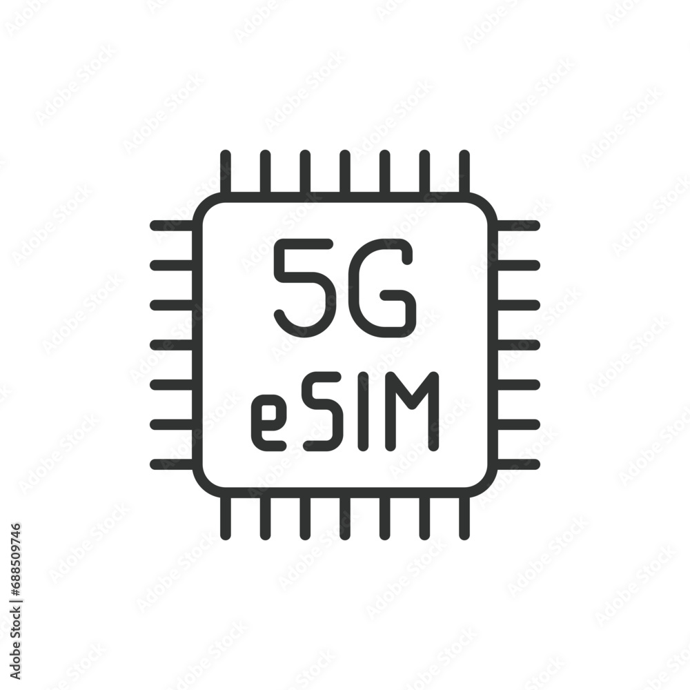 5G eSIM icon line design. 5g, eSIM, technology, connectivity, mobile, core, wireless, generation, gpu, cpu, chip, chipset vector illustrations. 5G eSIM editable stroke icon.