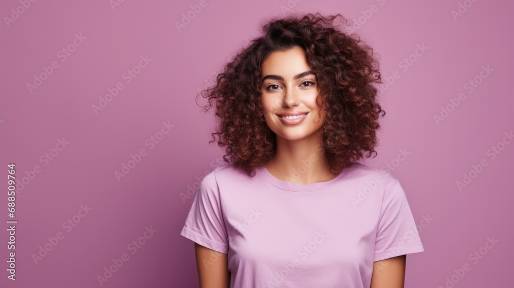 Portrait of a beautiful young woman with curly hair and a purple t-shirt on a pink. Generative AI. Portrait of a beautiful young woman with curly hair and a purple t-shirt on a pink. Generative AI.
