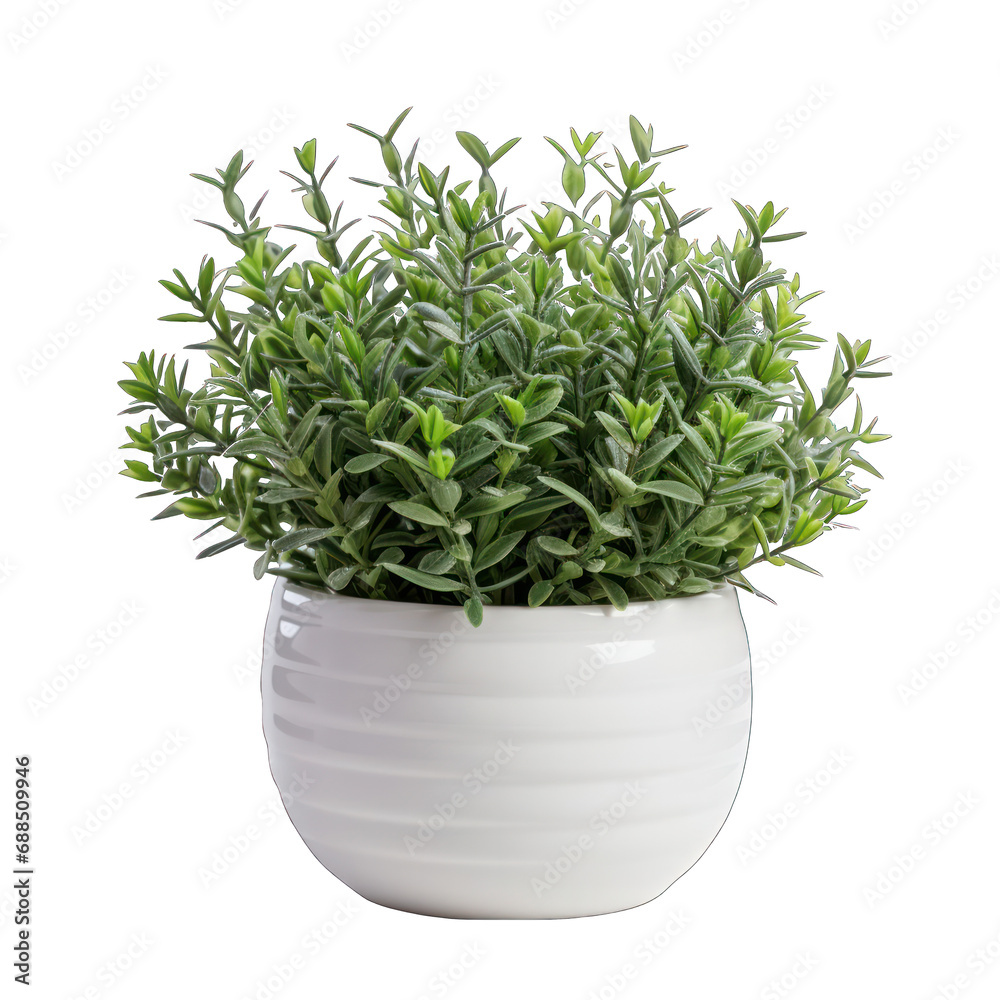 White Pot with Thyme Plant Isolated on Transparent or White Background, PNG White Pot with Thyme Plant Isolated on Transparent or White Background, PNG