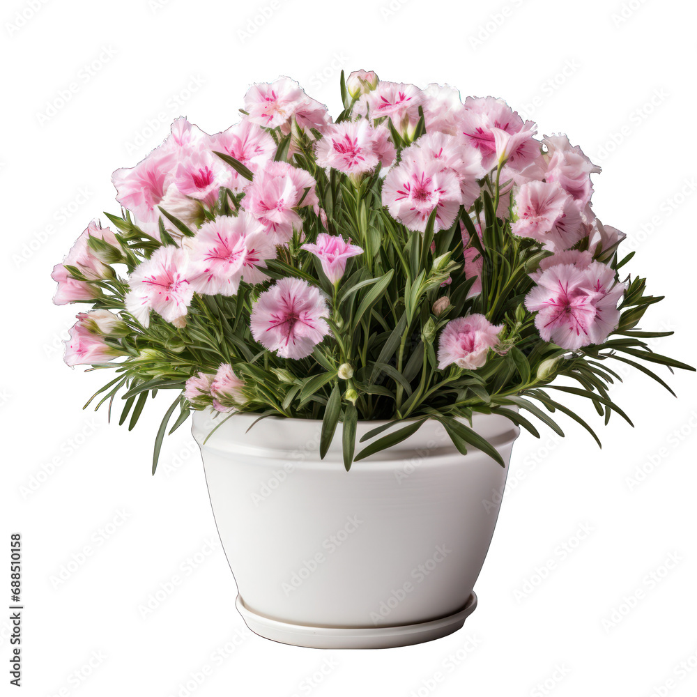 White Pot With Dianthus Plant Isolated on Transparent or White Background, PNG