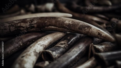 Elephant tusks illegal endangered ivory sold by wildlife poachers on a market in Asia causing animal extinction photo