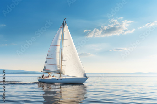 A white sailboat gliding smoothly on calm waters, capturing the serenity of sailing against a clear sky. Generative Ai. © Sebastian
