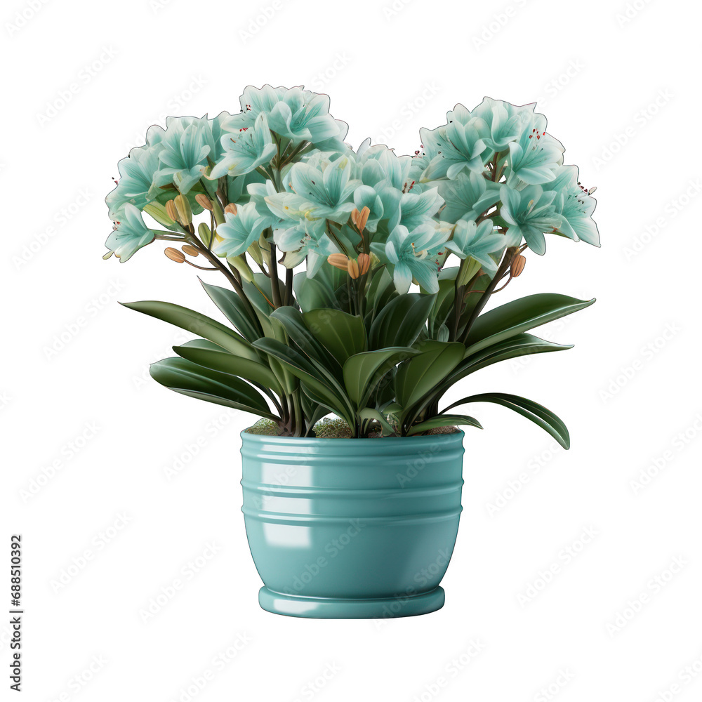 Cyan Pot with Clivia Plant Isolated on Transparent or White Background, PNG Cyan Pot with Clivia Plant Isolated on Transparent or White Background, PNG