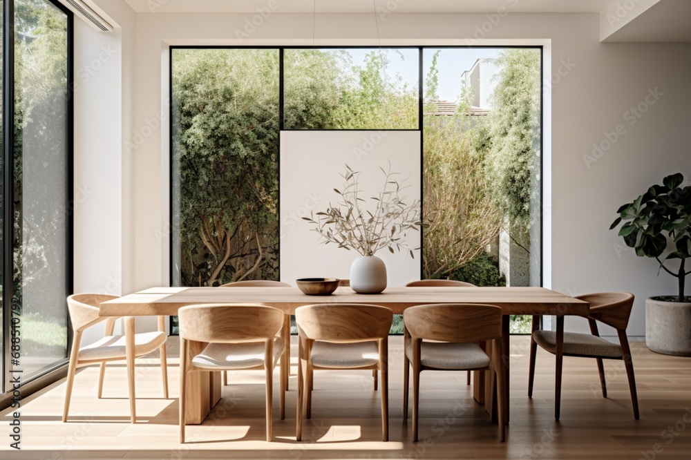 A contemporary dining room with a minimalist table, statement chairs, and a large window, bringing in ample natural light for a fresh feel