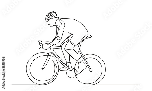 Continuous line drawing of athlete cycling with safety helmet. cycling with a Healthy lifestyle. single-line art of a classic bicycle isolated on a white background. 