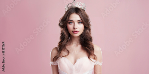 Enchanting young woman with a crown and elegant waves, exuding royalty. photo