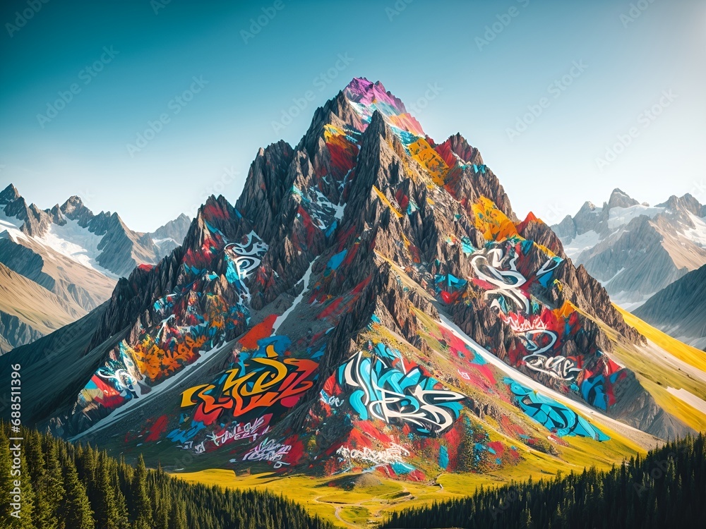Naklejka premium a mountain peak with colorful graffiti art
