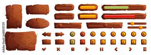 Wooden buttons and boards for game UI, GUI elements isolated on white background. Vector cartoon set of brown wooden banners, menu buttons and arrows for mobile game photo