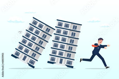 Panic businessman investor run away from collapsing housing domino, real estate or property debt crisis causing domino effect, housing and stock market or investment asset fall down (Vector)