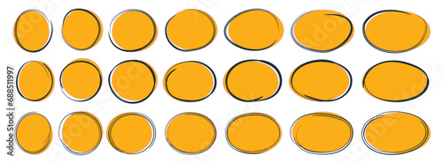 Set of hand drawn ovals and circles with a yellow background. Ovals of different widths. Select the circle frames. Ellipses in doodle style.