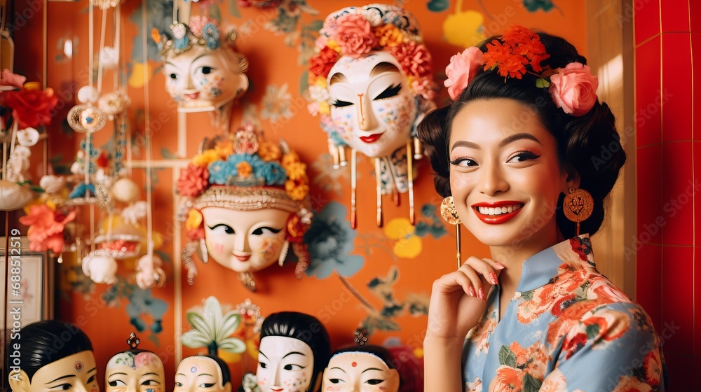 A Woman Posing in Front of a Wall Displaying Masks