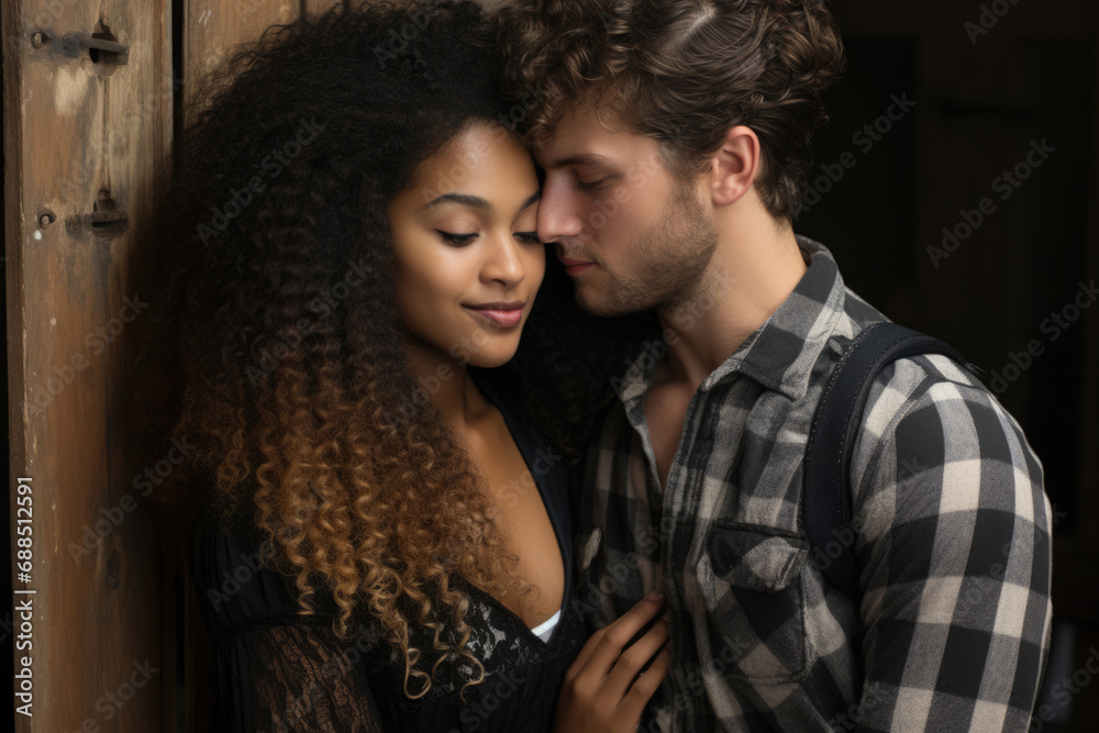 Caucasian man kissing his African American girlfriend, interracial couple on date