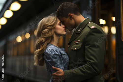 Couple in love, military man soldier and wife kissing at the station photo