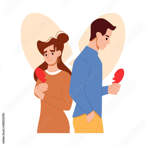 Heart Broken Person. Couple Breakup or Divorce. Losing Relationship. Sad Woman and Offended Man Holding Two Halves of a Broken Heart. Vector Flat Illustration.