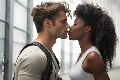 Caucasian man kissing his African American girlfriend, interracial couple on date