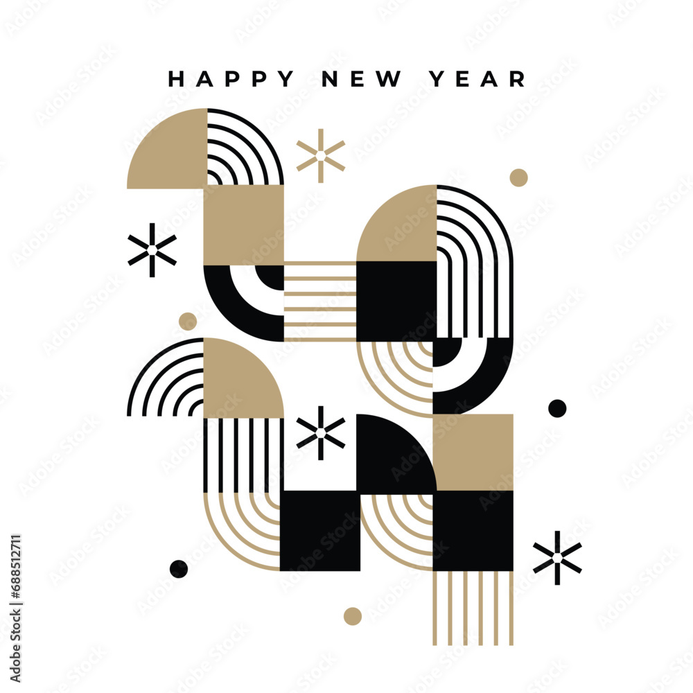 Happy New Year 2024 Minimalist Design Black and Gold Greeting Card Template