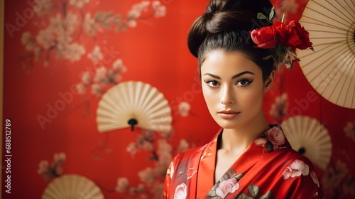 A Woman in a Red Kimono with a Flower in Her Hair