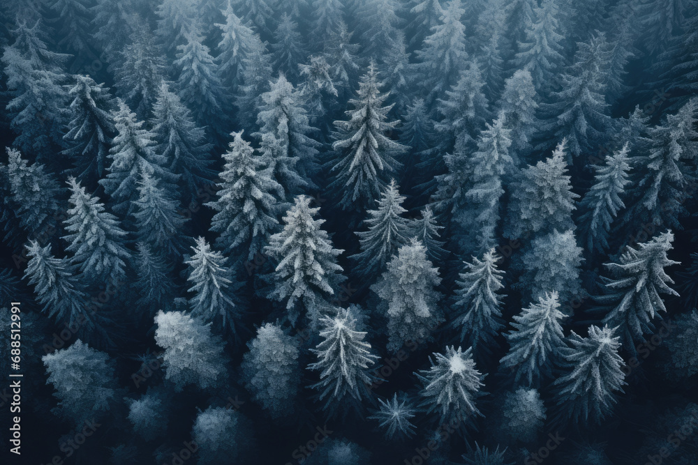 Background texture of a frozen snowy forest at winter, aerial view
