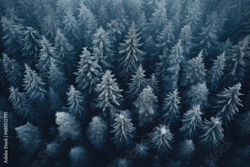 Background texture of a frozen snowy forest at winter  aerial view