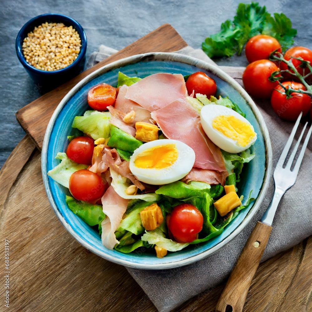 Salad with speck ham and egg, tomatoes
