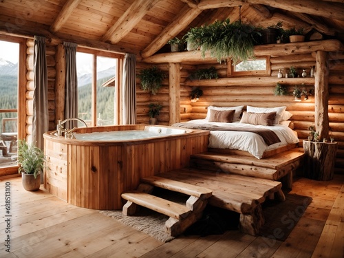 a wooden cabin with a rustic and elegant interior