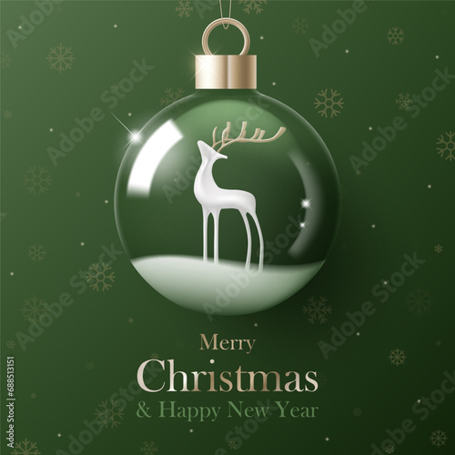 3D Vector Merry Christmas product podium banner. Glass snow ball, reindear, snowflake on green background. Luxury modern minimal decoration party, greeting card, promotion sale, social media post photo