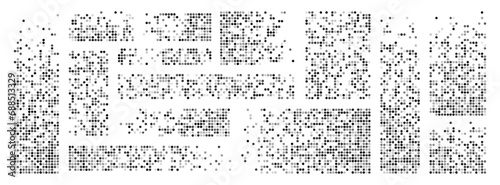 Pixel background decay with random transparency of round elements. Scattered dotted pattern. Decay effect. Set pixel mosaic textures with simple round particles. Vector on a white background.