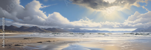 Reminiscent of pristine coastal summer beach in Scotland with highland mountains in the distance. © SoulMyst