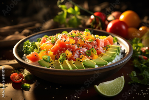 A bowl of vibrant poke bowl with fresh cubed raw fish, avocado, and colorful vegetables, reflecting the trend of healthy and visually appealing bowl dishes. Generative Ai.