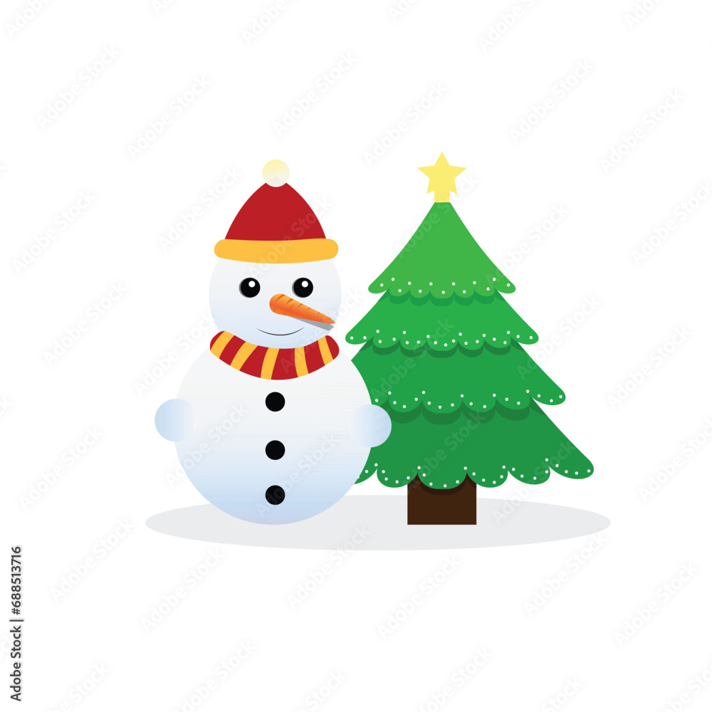 snowman and christmas tree,red and yellow hat and scraft, card winter,vector illustration snowman and christmas tree,red and yellow hat and scraft, card winter,vector illustration