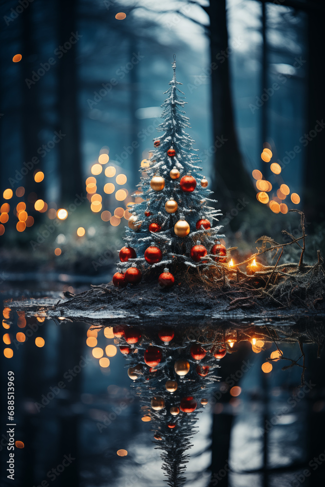 Close-up of a beautiful Christmas tree decorated with light toys in the forest, AI generate