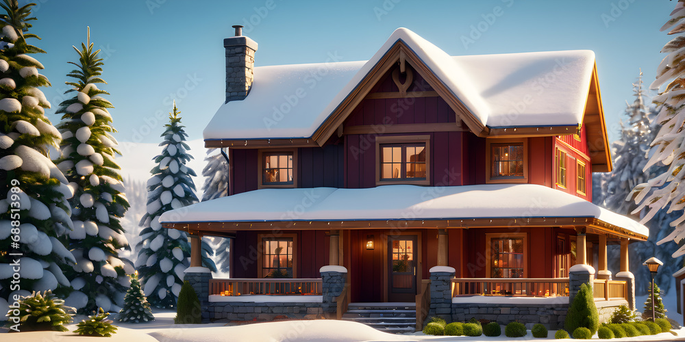 A red two-story house with warm light streaming in, deep in a snow-covered forest, Generative Ai

