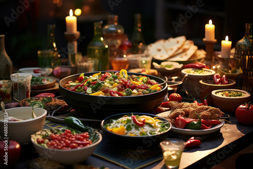 A festive table setting with an assortment of traditional dishes from around the world, celebrating cultural diversity and culinary exploration. Generative Ai. © Sebastian