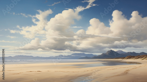 Reminiscent of pristine coastal summer beach in Scotland with highland mountains in the distance.