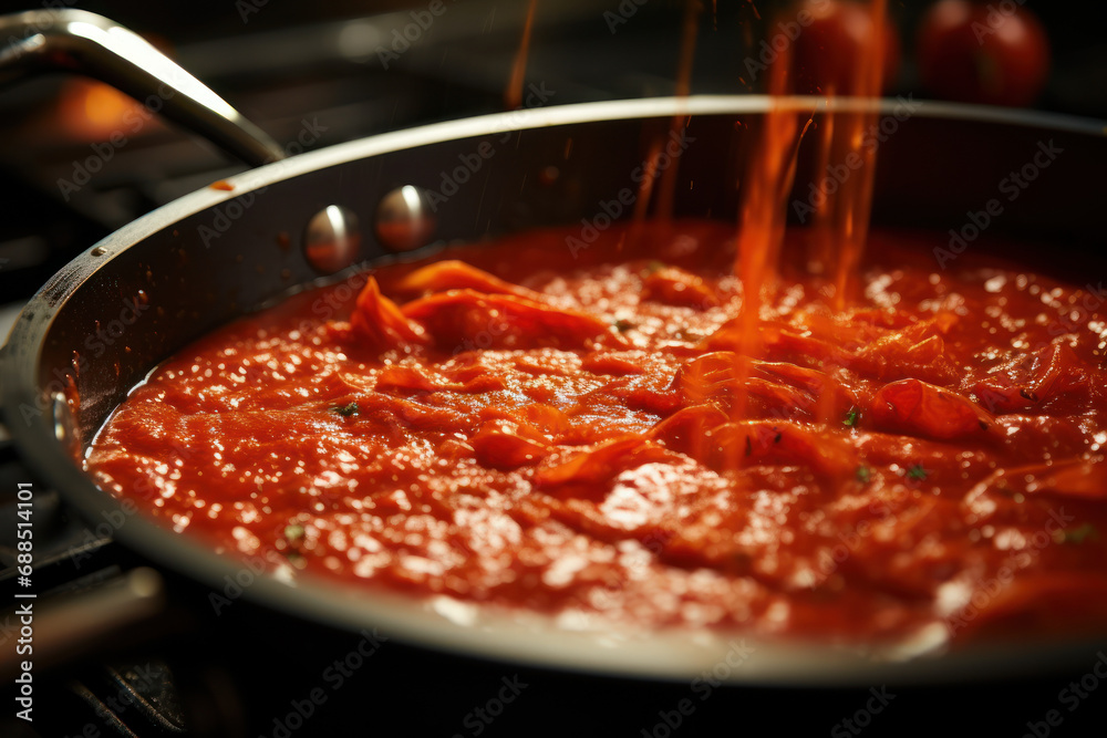 A close-up of a bubbling pot of tomato sauce simmering on the stove, capturing the essence of home-cooked Italian pasta. Generative Ai. A close-up of a bubbling pot of tomato sauce simmering on the stove, capturing the essence of home-cooked Italian pasta. Generative Ai.