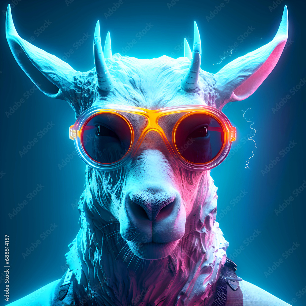Futuristic portrait of a goat wearing sunglasses. 3d rendering