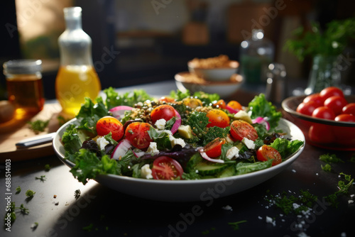 A vibrant salad bowl filled with crisp greens  fresh tomatoes  and a variety of toppings  promoting the concept of nutritious and customizable salads. Generative Ai.