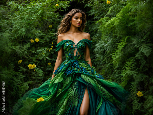 a woman elegantly wearing a dress made entirely from plants