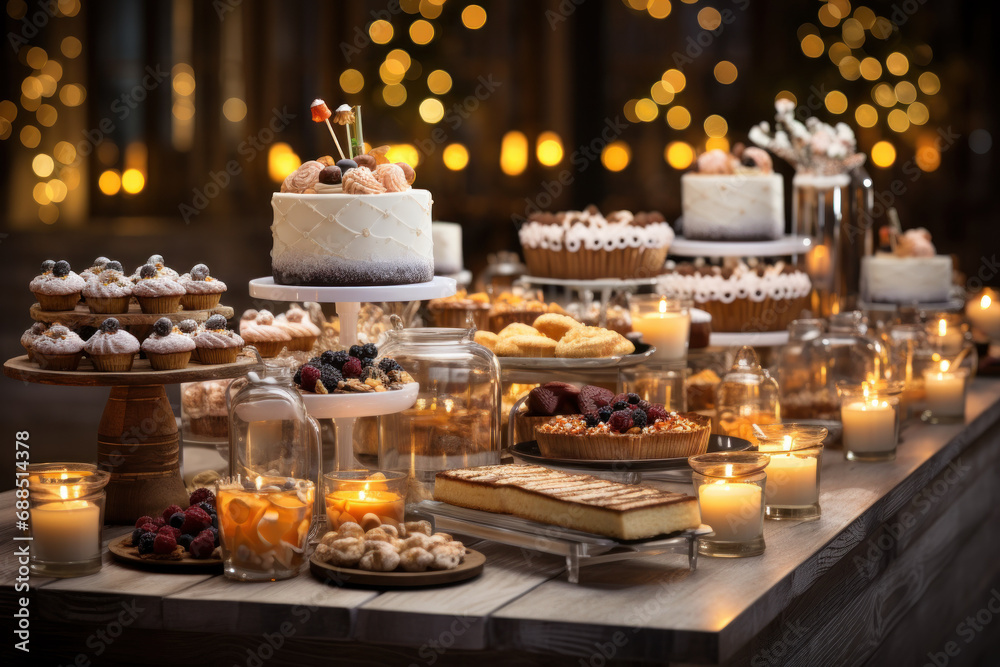 A dessert table adorned with a variety of cakes, pies, and pastries, inviting indulgence and celebration. Generative Ai.