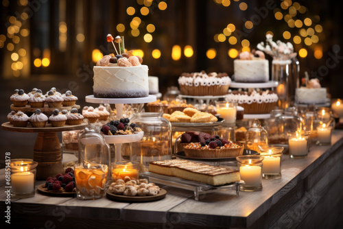 A dessert table adorned with a variety of cakes, pies, and pastries, inviting indulgence and celebration. Generative Ai. © Sebastian