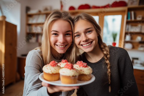 Two teenager girl friends in a house holding muffin cake