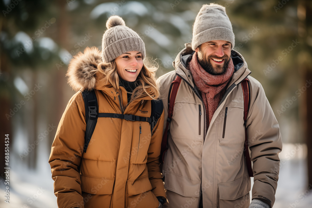 Adult couple at outdoors in winter clothes Adult couple at outdoors in winter clothes