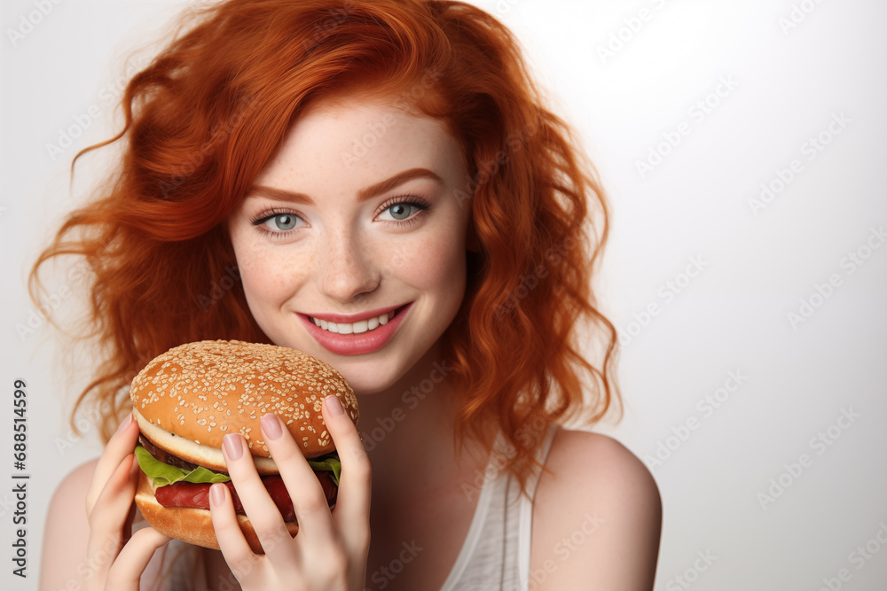Young pretty redhead girl over isolated white background holding a burger Young pretty redhead girl over isolated white background holding a burger